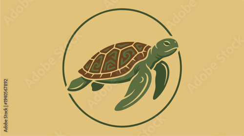 Stylized Green Sea Turtle Swimming in a Circle Emblem.