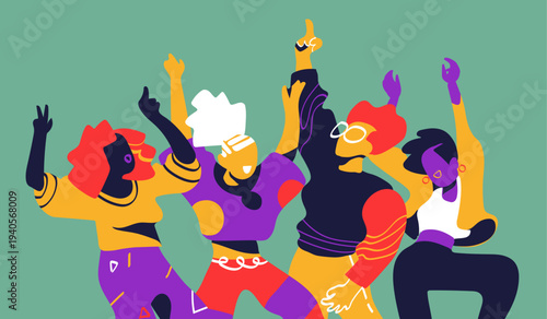 Four stylized figures in dynamic dance poses; bold contrasting colors. Geometric patterns on clothing; a light blue background that makes the colors pop.