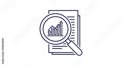 Magnifying glass analyzes financial documents with bar graph symbolizing data analysis and business growth strategy
