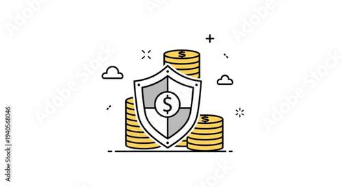 Financial security concept with shield protecting stacks of gold coins and dollar sign symbolizing safety and wealth management