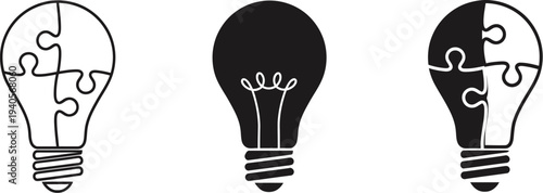Lightbulb constructed from jigsaw puzzle pieces, representing concepts of innovation, brainstorming, and problem solving. 
