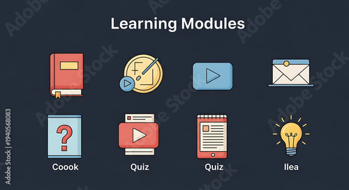 A vector graphic illustration of learning modules icons on a dark background
