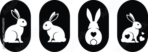 Set of black and white Easter bunny silhouettes, designed as minimal patterns integrated into oval egg shapes. 