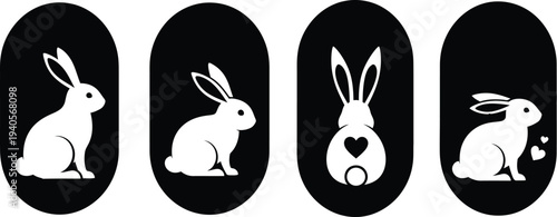 Set of black and white Easter bunny silhouettes, designed as minimal patterns integrated into oval egg shapes. 
