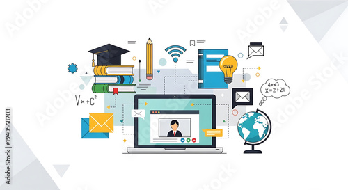 A colorful vector illustration of online education with a laptop surrounded by learning icons and symbols.