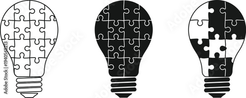 Lightbulb constructed from jigsaw puzzle pieces, representing concepts of innovation, brainstorming, and problem solving. 