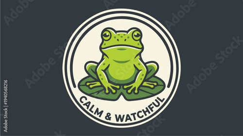 Calm and Watchful Frog Sitting on Lily Pads Emblem.