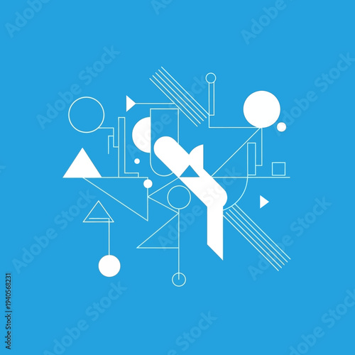 Abstract geometric composition on blue background, clean lines, modern design, minimalist art