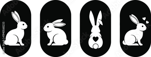 Set of black and white Easter bunny silhouettes, designed as minimal patterns integrated into oval egg shapes. 