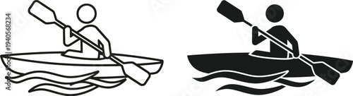 Watersport kayaking vector. Person is depicted paddling a kayak or canoe on water. 