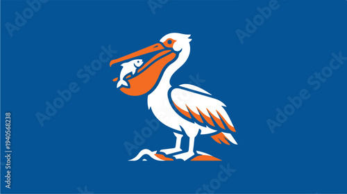 White Pelican with Fish in Beak on Blue Background.