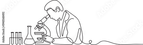 Continuous line design of the man doing lab testing. Decorative elements are drawn on a white background.one line vector icon illustration