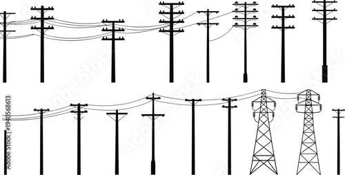 Black and white of various utility poles and power lines in different configurations electricity transmission