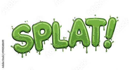 Green dripping slime word SPLAT! text on white background