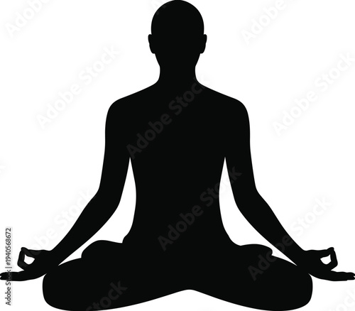 Black silhouette of a person sitting in a meditative yoga pose with legs crossed and hands resting on knees