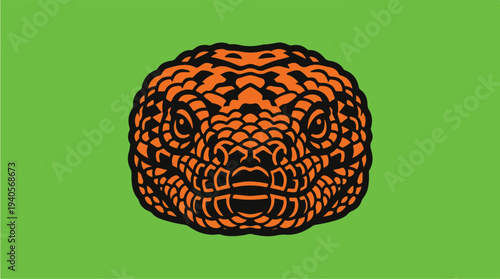Close-up illustration of a reptile head with orange and black scales on a green background.