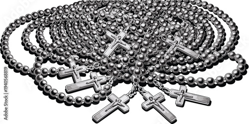 Catholic rosary beads with cross pendant, Christian prayer necklace chain, religious symbol, spiritual devotion accessory isolated 
