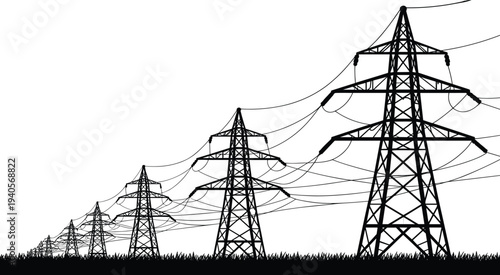 Black and white of power transmission towers and electrical lines extending into the distance utility