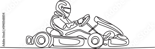 Continuous one line drawing of a karting driver racing in a go-kart, dynamic motorsport.one line vector icon illustration