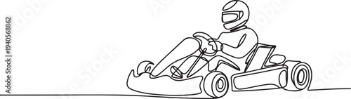 Continuous one line drawing of a karting driver racing in a go-kart, dynamic motorsport.one line vector icon illustration