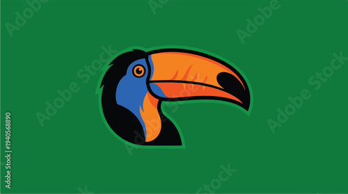 Colorful Toucan Bird Head Illustration on Green Background.