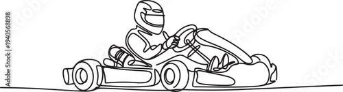 Continuous one line drawing of a karting driver racing in a go-kart, dynamic motorsport.one line vector icon illustration