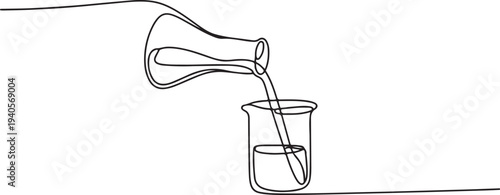 Continuous one line drawing of pouring liquid on flask glass. Laboratory equipment outline vector illustration. Research and science concept.one line vector icon illustration