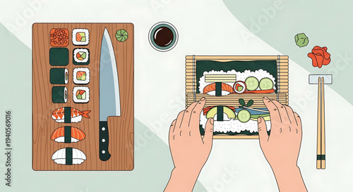 A vector graphic illustration of a person preparing sushi with various ingredients and utensils