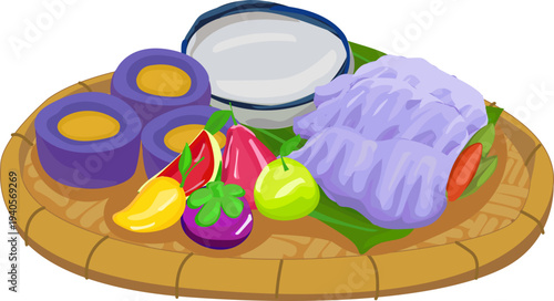 Thai Purple Taro Candy Cube Mixed Platter on Rattan Tray