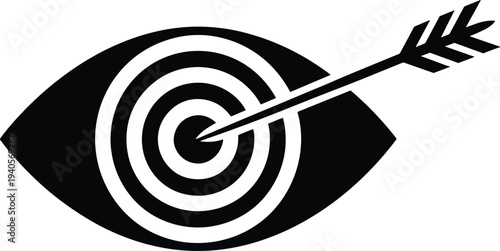 Eye target icon with arrow hitting bullseye, vision focus success concept symbol, goal achievement illustration isolated on white background