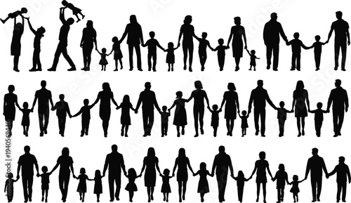 Family silhouettes collection, parents with children holding hands walking together, happy family life concept illustration isolated on light background