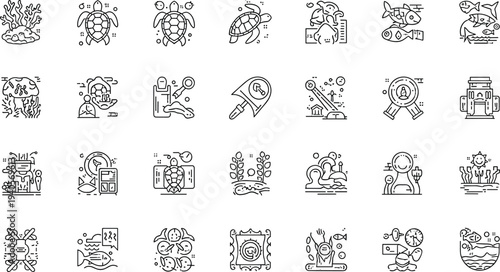 marine life icons set outline, ocean animals coral reef ecosystem symbols, sea research aquatic biology line illustration collection