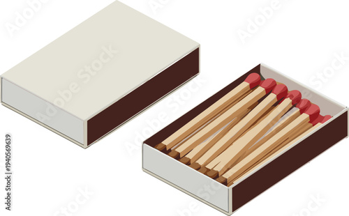 Matchbox with wooden matches, fire ignition sticks, safety match set, household lighting tool illustration isolated design