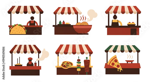 A colorful vector graphic illustration of various food carts with different cuisines