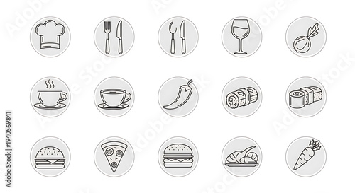 A set of black and white food icons including chef hat, utensils, wine glass, and various dishes