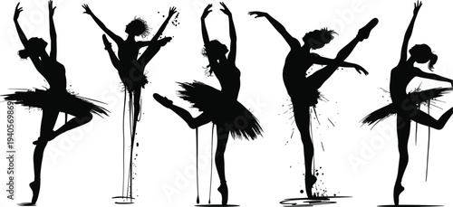 Five black silhouette ballerinas in dynamic dance poses with flowing skirts and arms extended silhouettes