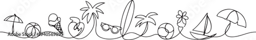 One continuous line drawing of It's summer holiday vector illustration. All about summer activity, things, transport, beach, food and games design.one line vector icon illustration