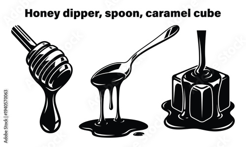 Honey dipper, spoon, and caramel cube with dripping honey