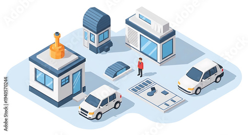 A vector graphic illustration of a security checkpoint with buildings, vehicles, and a guard.