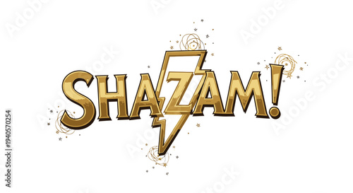SHAZAM! stylized golden text with lightning bolt and stars