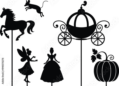 Silhouettes of a horse, fairy, princess, cat, pumpkin, and carriage on sticks against a white background