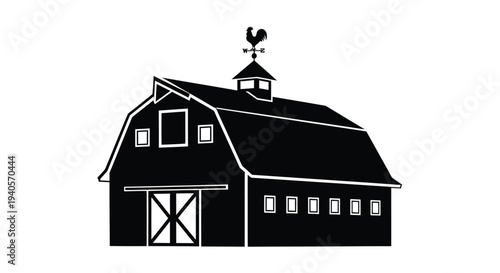Classic black barn with a weathervane depicted as a silhouette