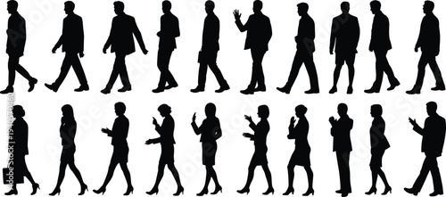 Silhouettes of Men and Women Walking and Gesturing in Business Attire