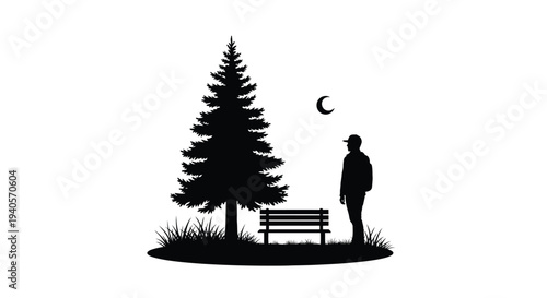 Lone figure contemplates nature under a crescent moon silhouette