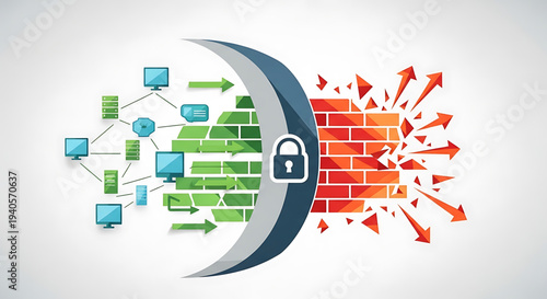 A vector graphic illustration of a padlock securing a network from cyber threats and malware