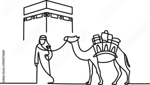 Symbol of life in the old Arab country. One continuous line of images of the kaaba and a camel driver and a camel carrying merchandise.one line vector icon illustration