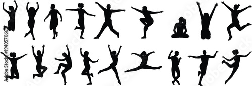 Silhouettes of People Dancing and Performing Various Movements in Black and White jumping leaping