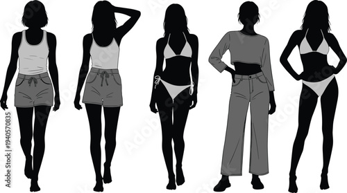 Women silhouette fashion set, female body shapes in casual clothes and swimwear, stylish model figures illustration isolated