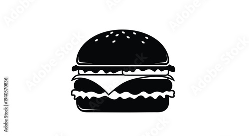 A detailed black silhouette of a classic cheeseburger