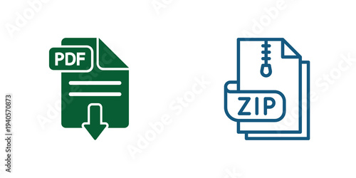 Pdf document download and zip file icons, vector graphics, isolated on transparent background